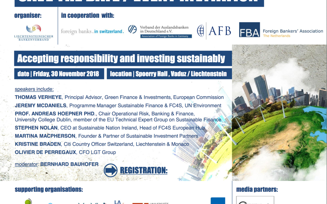 Bernhard Bauhofer as moderator of Sustainable Finance Event in Vaduz, November 30 2018